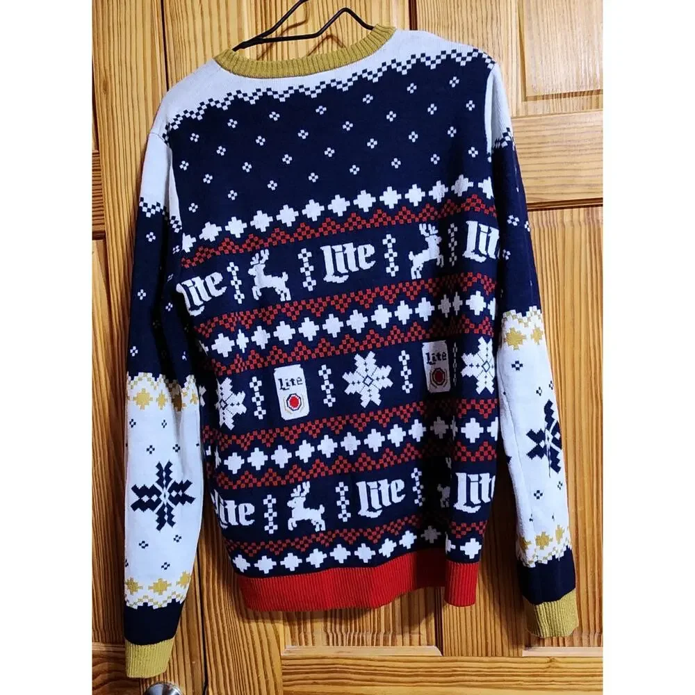 Miller Lite Ugly Christmas Sweater Men Holiday Fair Isle Snow Globe Beer Graphic